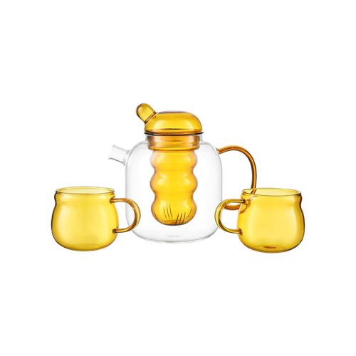 Чайник стеклянный с двумя чашками, 1,2 л, желтый