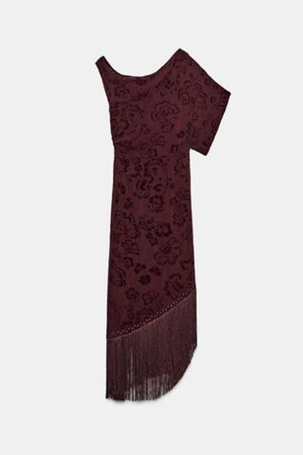 ZARA ПЛАТЬЕ МИДИ АСИММЕТРИЧНОГО КРОЯ С БАХРОМОЙ, БУРГУНДИ
