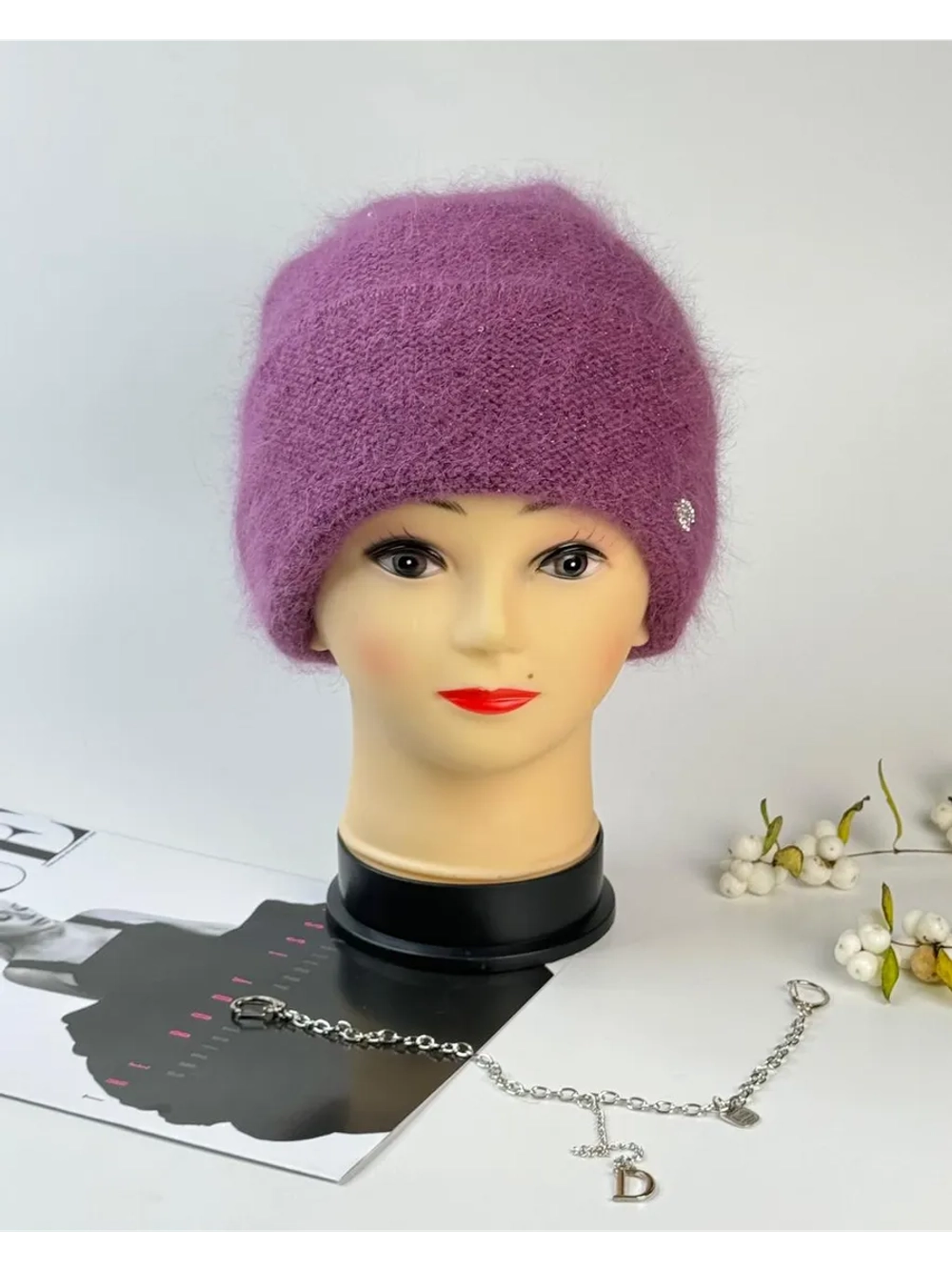 шапка зимняя вязаная ангора с пайетками