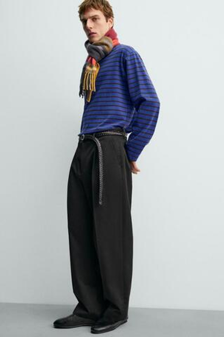 ZARA Х AARON LEVINE ЖАККАРДОВАЯ ФУТБОЛКА В ПОЛОСКУ, КОРИЧНЕВО-СИНИЙ