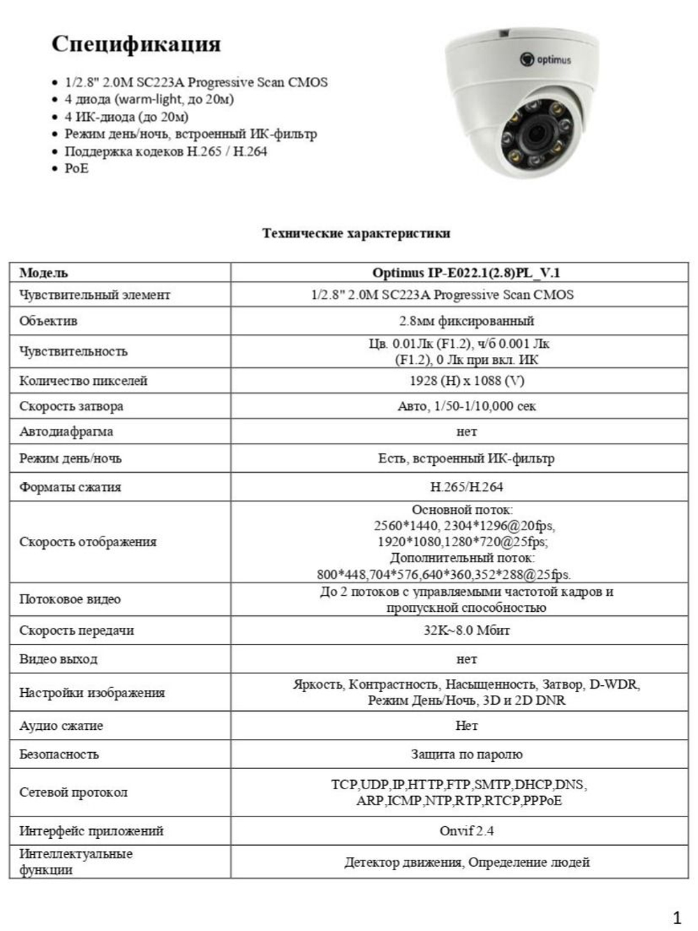 Видеокамера Optimus IP-E022.1(2.8)PL_V.1
