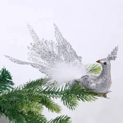 Новогоднее украшение «Волшебный павлин» 26*9,5*8 см (на прищепке), Серебро