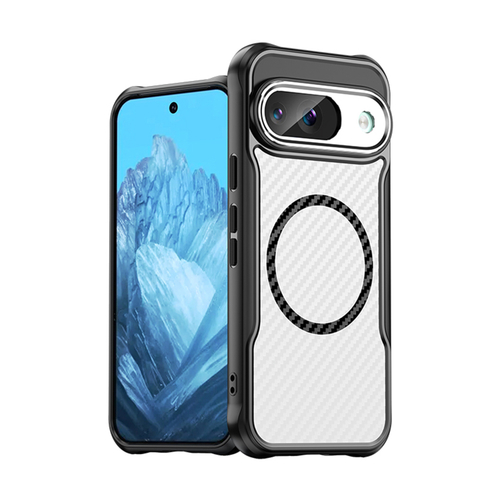 Чехол с MagSafe для Google Pixel 9, черный боковые рамки и прозрачная крышка с карбоновой текстурой