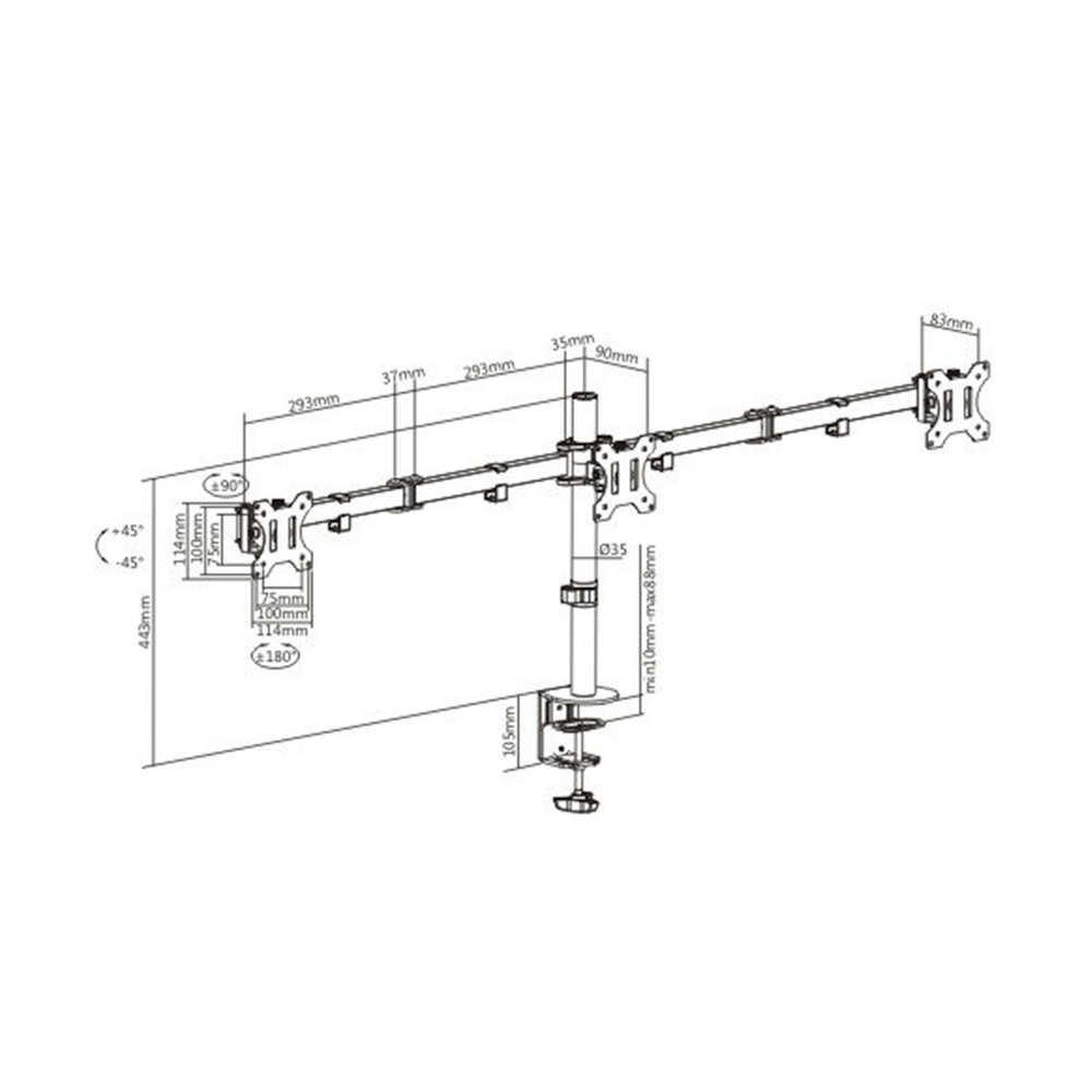 Настольный кронштейн Brateck LDT12-C034N для 3-х мониторов (13"-27")