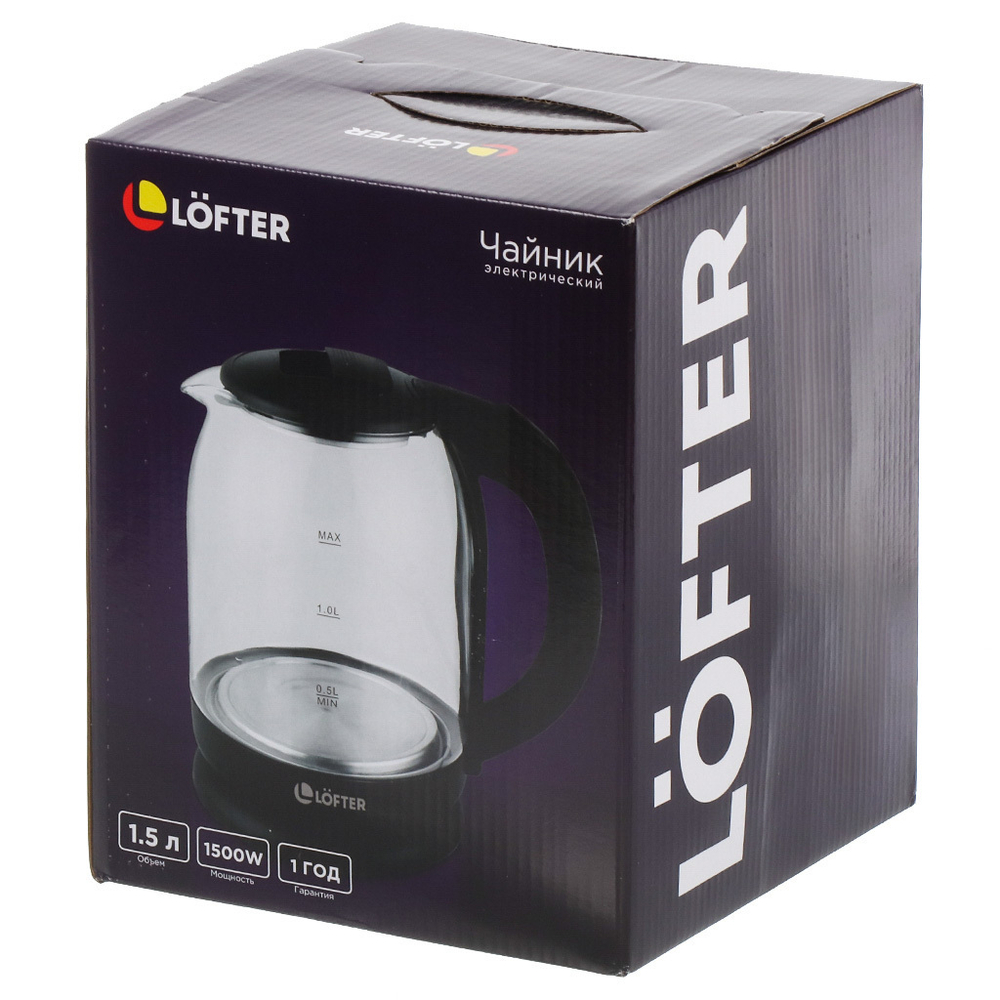 Чайник электрический Lofter, чер, 1.5 л, с подсветкой, 1500 Вт, ск нагр элем, стекло