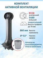 Комплект активной вентиляции: Вентиляционный выход изолированный D125/160 утепленный высота H=700 мм, проходной элемент универсальный кровельный (Universal), турбодефлектор Ø 160 мм, переход на канализационную трубу D110 с вентиляционного выхода 125/160 без уплотнения, серый