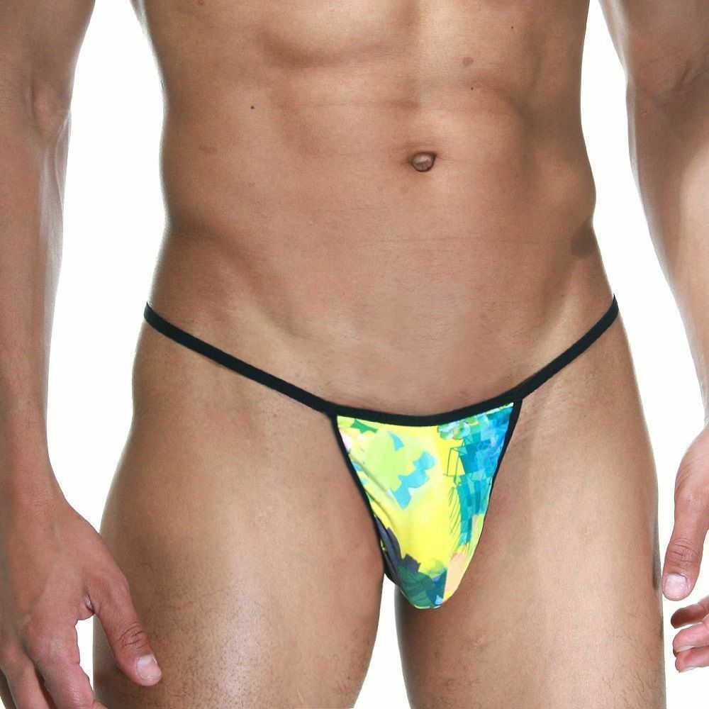 Мужские трусы G - стринги синий/желтый принт с черной окантовкой Cosmos Colors FR01_YT
