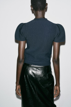 ZARA ТОП ТРИКОТАЖНЫЙ С РУКАВАМИ-БУФАМИ, МОРСКОЙ СИНИЙ