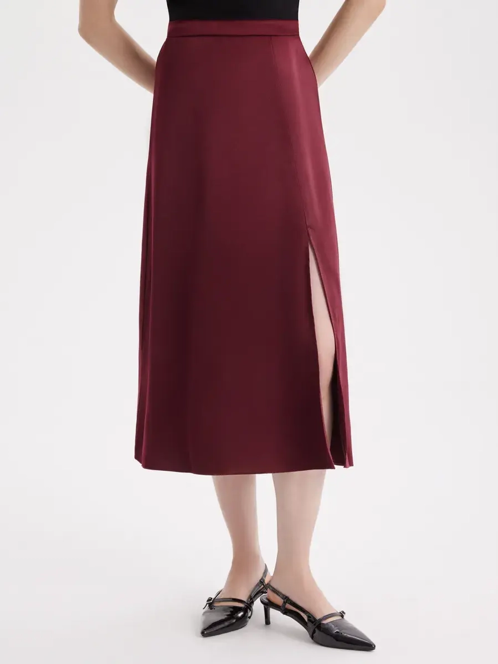 Юбка атласная с разрезом, шелковая на резинке, миди