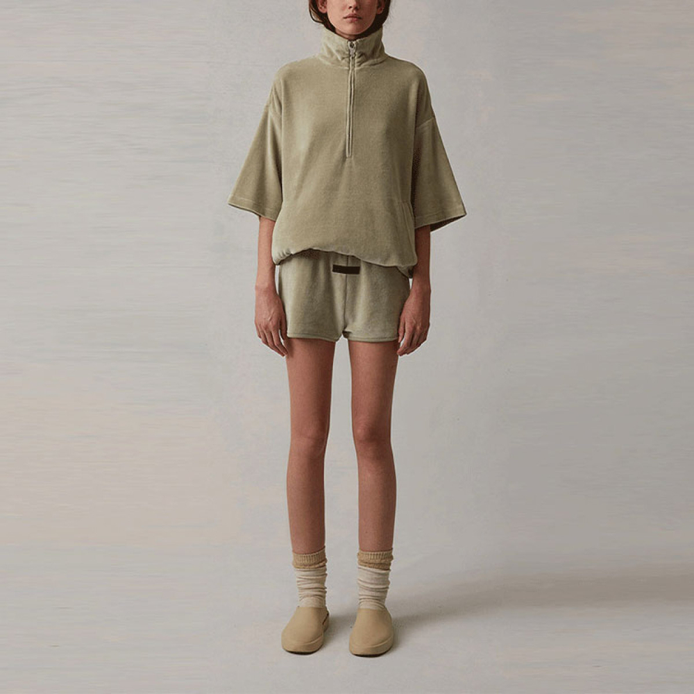 Шорты Fear of God Essentials SS22 Women's Velour Beach Shorts Sea Foam Logo, FOG-SS22-147