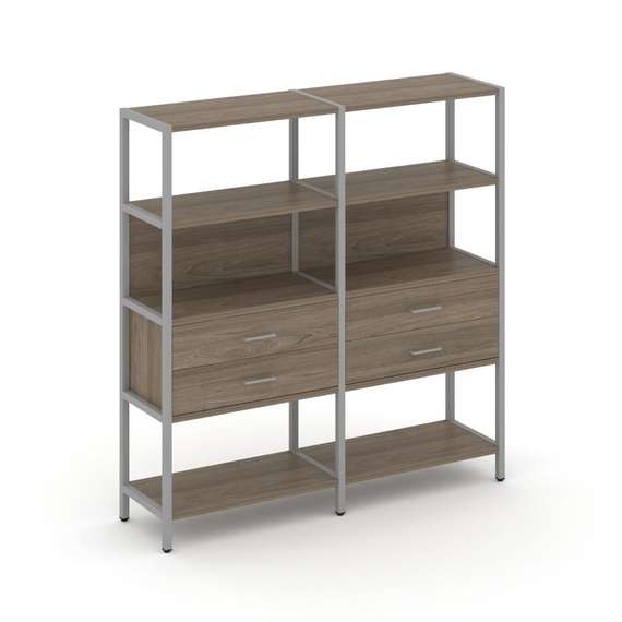 Shelf System Двухсекционный стеллаж четырехярусный с ящиками SN.STM-422 Вяз Благородный/Металл Серый