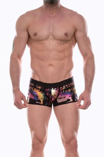 Черные трусы-боксеры с разноцветным принтом в виде надписей и губ (Размер: XL) (Цвет: черный)