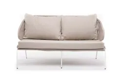 "Милан" диван 2-местный плетеный из роупа, каркас алюминий белый муар, роуп бежевый круглый, ткань бежевая 035