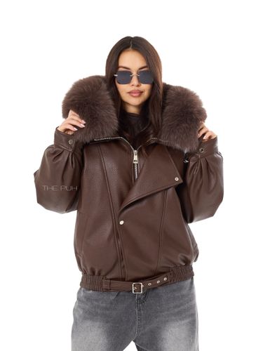 Шоколадный пуховик из эко-кожи с капюшоном