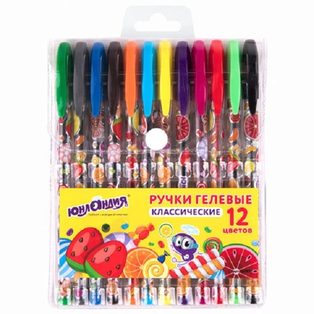 Набор гелевых ручек 12цв. Юнландия, 0,4мм, корпус с рисунком
