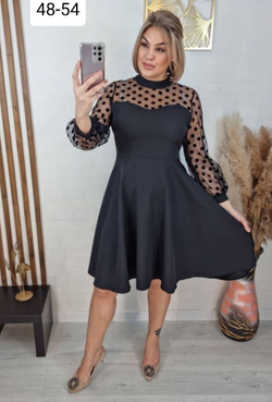 Платье женское горох в горошек по фигуре на работу праздничное повседневное отрезная талия клёш солнце полусолнце осеннее весеннее зимнее офисное чёрное сетка большой размер 48 L XL плотное длинный рукав силуэтное