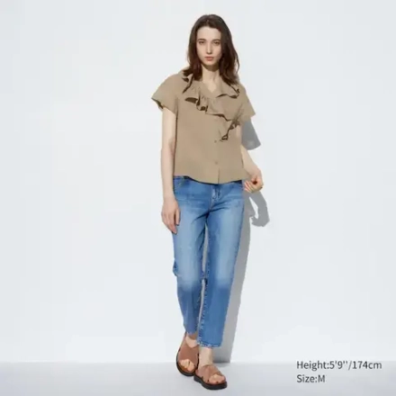 UNIQLO ХЛОПЧАТОБУМАЖНАЯ ПРОЗРАЧНАЯ РУБАШКА С КОРОТКИМИ РУКАВАМИ В СКЛАДКУ, ХАКИ