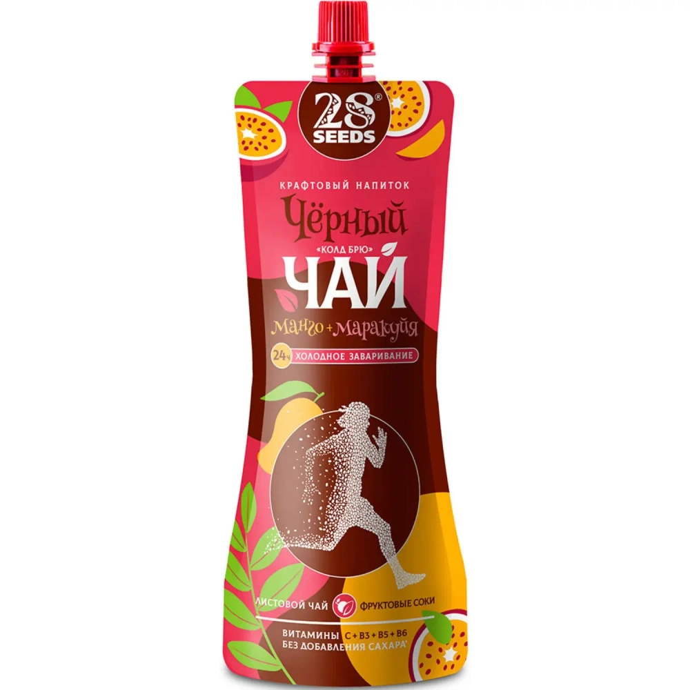 Черный чай «Колд брю» Манго и Маракуйя 28SEEDS, 250 мл, холодный чай в дой-паке, вид спереди