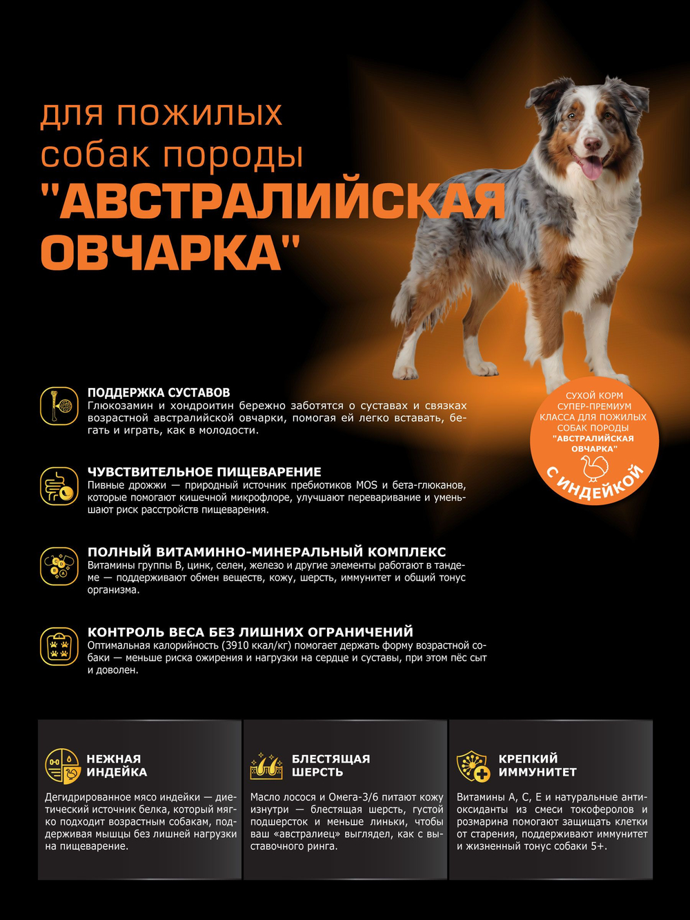 Quattro корм для пожилых собак породы Австралийская овчарка (5+), с индейкой, 12 кг, QUATTRO