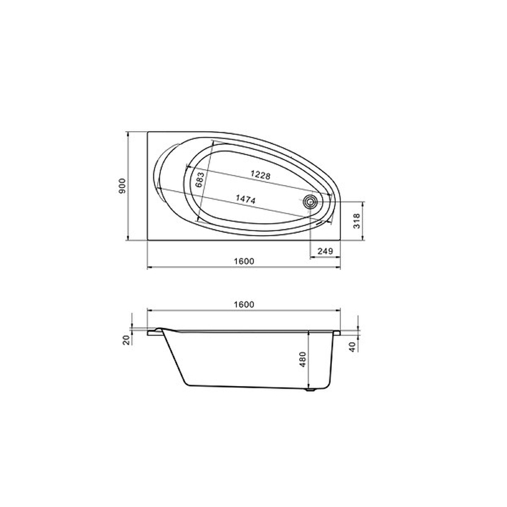 Ванна акриловая Roca CORFU  160x90 248574000 асимметричная правая
