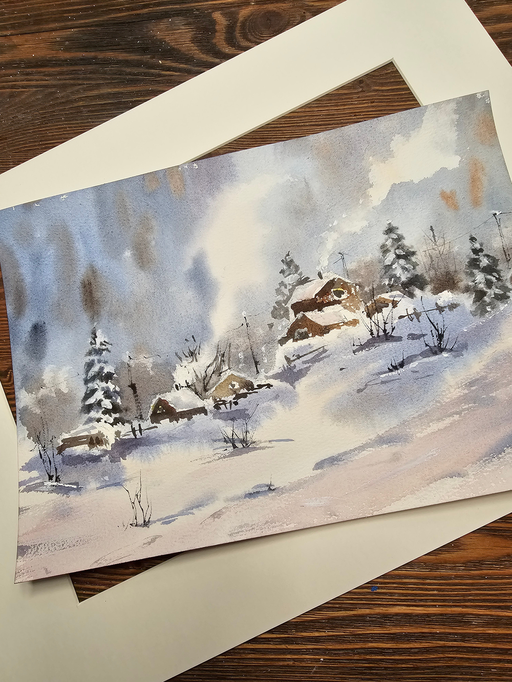 Картина авторская акварельная в паспарту 30х40 см на стену для интерьера "Снежная зима"