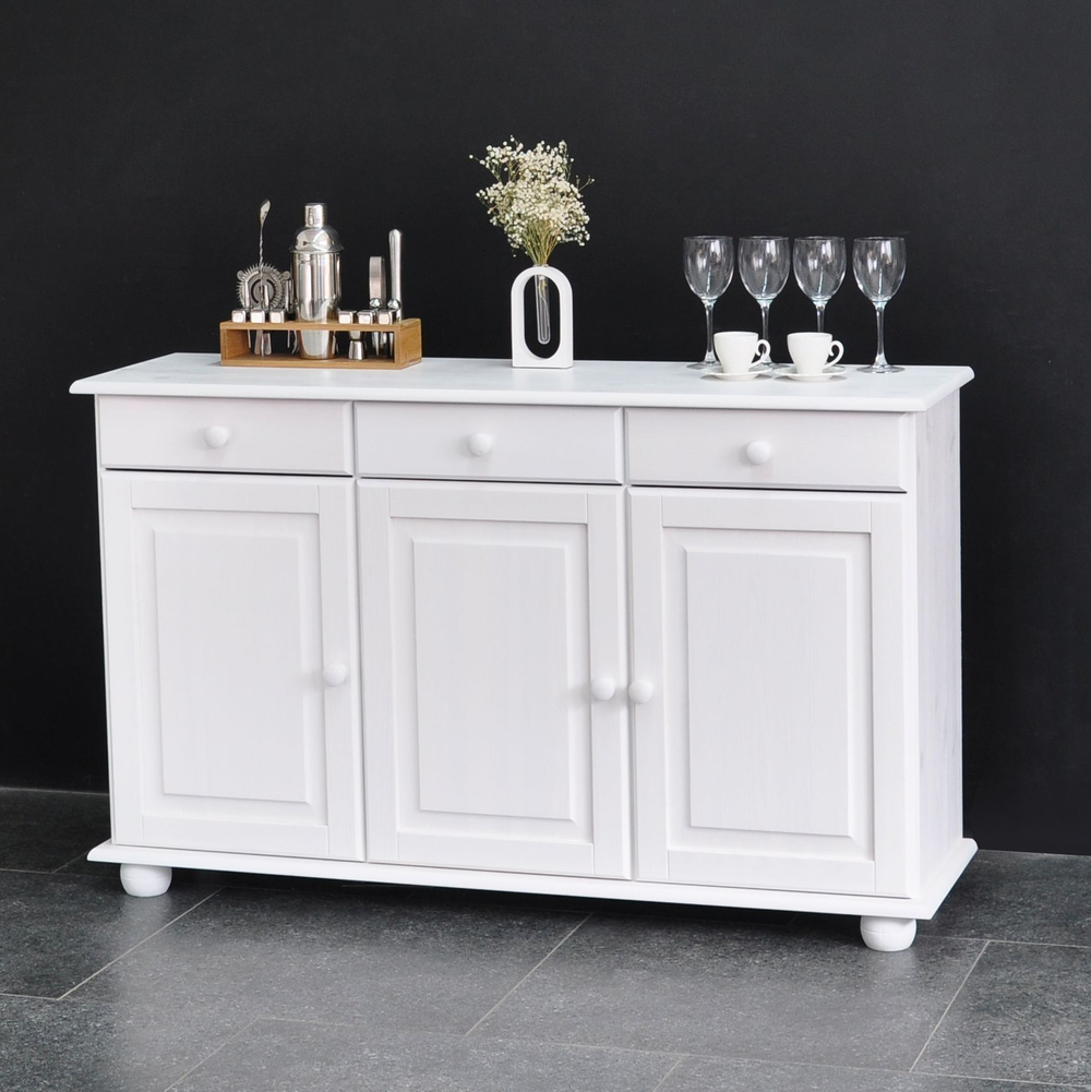 Тумба Лена трехдверная из сосны, с ящиками (нижняя часть буфета Лена), белый воск