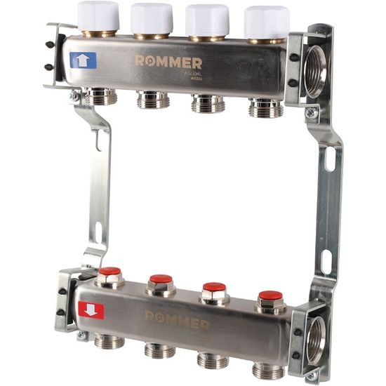 Коллектор Rommer 1"x3/4" на 4 контура с запорными клапанами (нерж. сталь) RMS-3200-000004