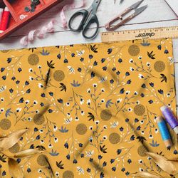 Ткань муслин полевые цветы и одуванчики на жёлтом фоне