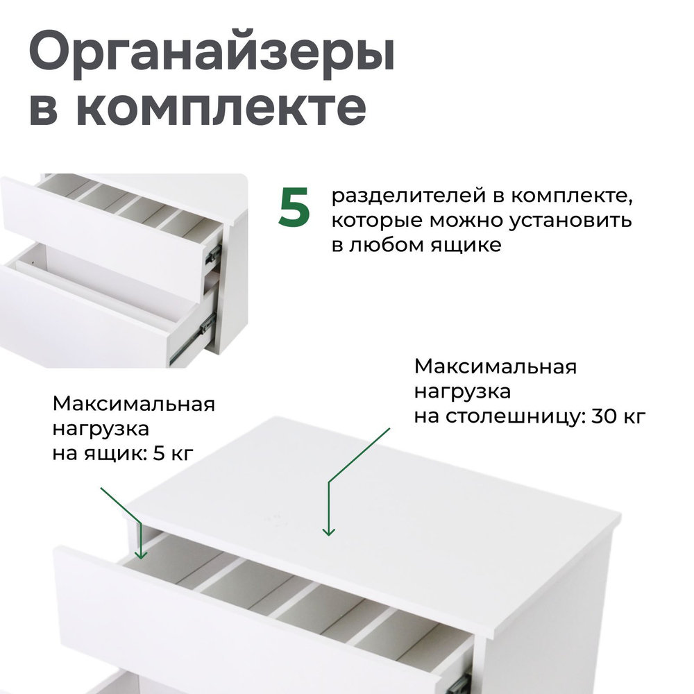 Комод белый Оланд без ручек 2 ящика для вещей и одежды с органайзерами для ящиков
