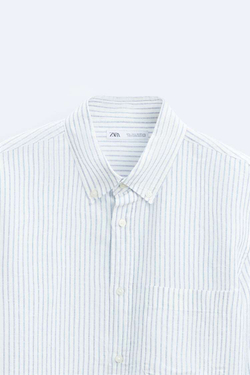 ZARA РУБАШКА ИЗ СМЕСОВОГО ЛЬНА, БЕЛЫЙ/НЕБЕСНО-ГОЛУБОЙ