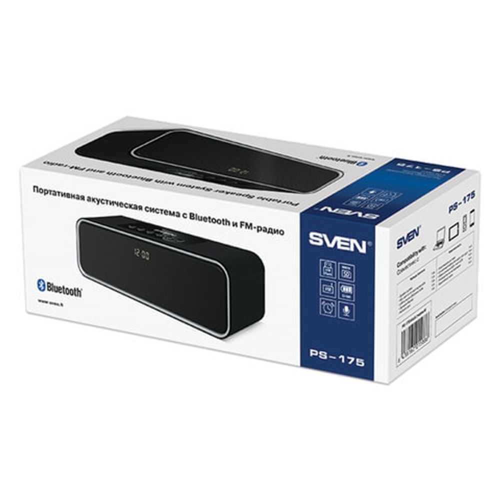 Колонка портативная SVEN PS-175, 2.0, 10 Вт, Bluetooth, FM-тюнер, USB, micro USB, черная, SV-015886