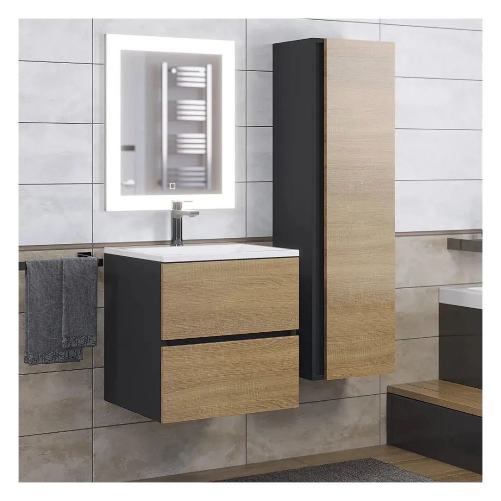 Тумба с раковиной Uperwood Barsa 50 см, раковина белая, подвесная тумба черная/дуб сонома
