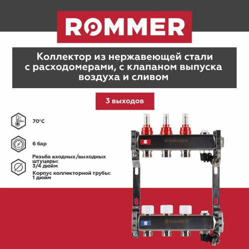 Коллекторная группа ROMMER 3 выхода нержавеющая сталь с расходомерами RMS-1201-000003