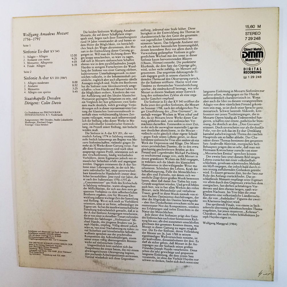 Винтажная виниловая пластинка LP Mozart В. А. Моцарт, Staatskapelle Dresden , Colin Davis Sinfonien Es dur KV 543 A dur KV 201 (ГДР 1989)