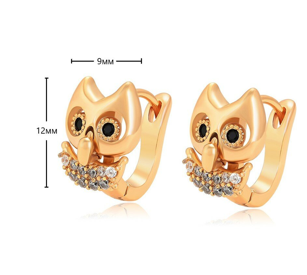 Серьги сережки с камешками бижутерия Сова, золото