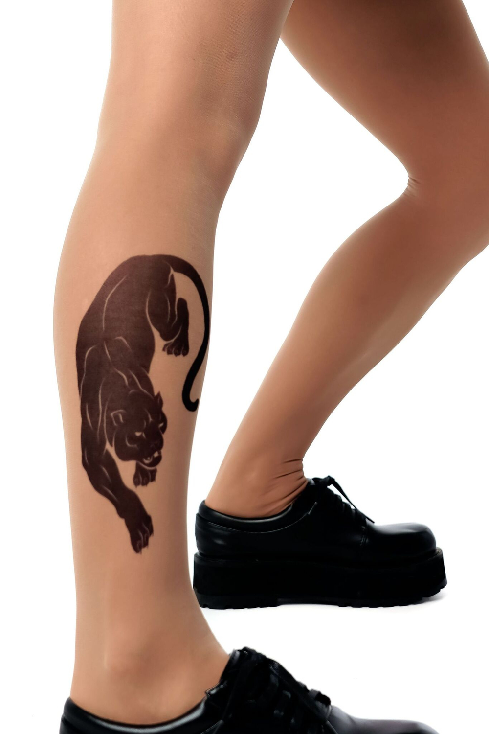 Колготки с принтом в виде пантеры на правой ножке (Размер: S-M-L) (Цвет: бежевый)