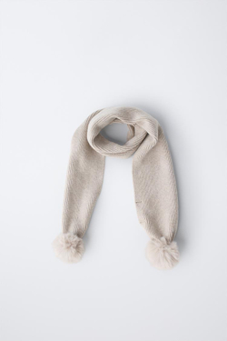 ZARA ТРИКОТАЖНЫЙ ШАРФ С ПОМПОНОМ, ПЕСОЧНЫЙ