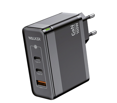 Зарядное устройство WALKER WH-47 GaN, 3.25А, 100Вт, USB/Type-Cx2, поддержка QC+PD, черное