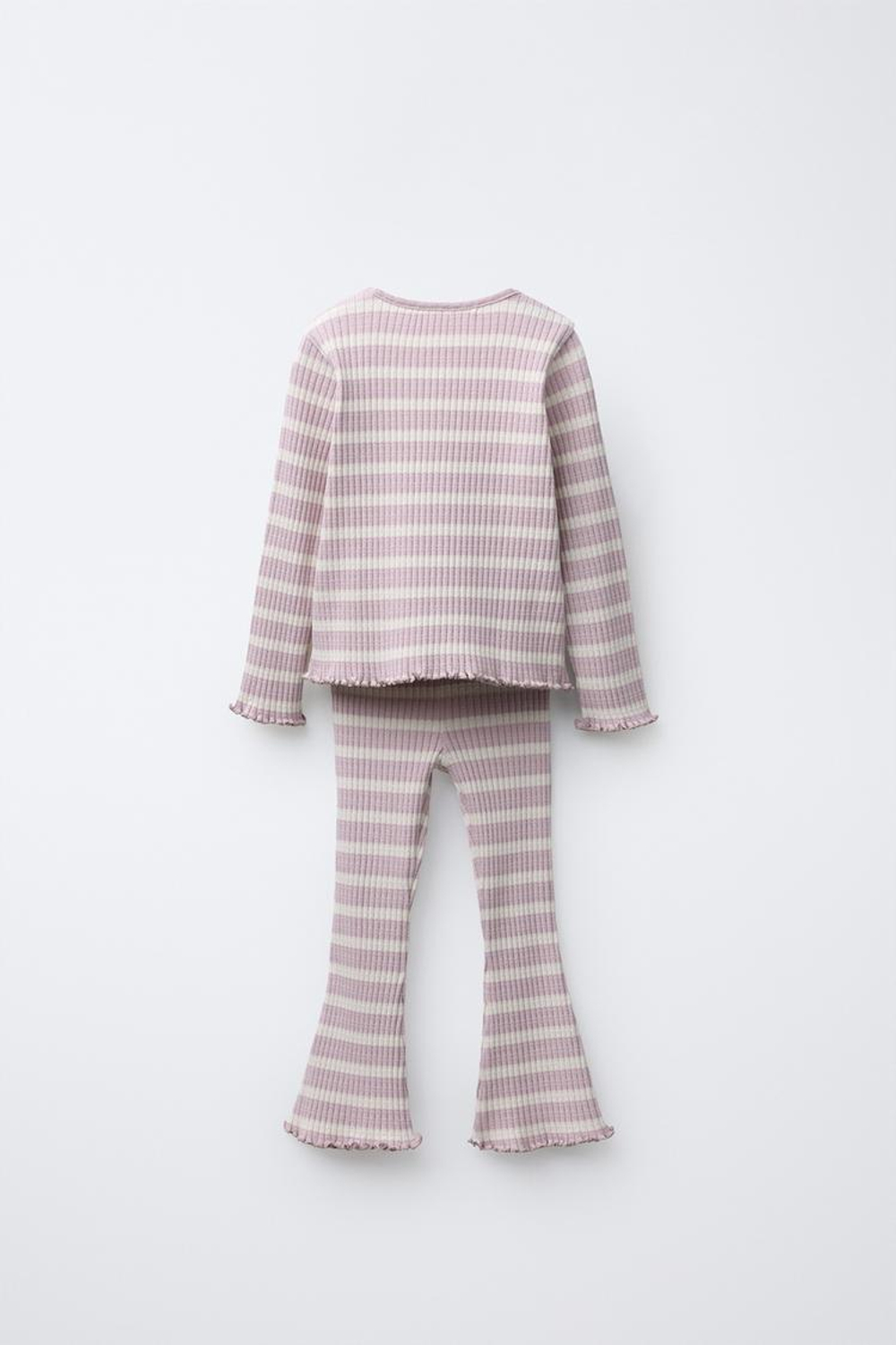 ZARA КОМПЛЕКТ ИЗ ФУТБОЛКИ И РАСКЛЕШЕННЫХ ЛЕГИНСОВ В РУБЧИК В ПОЛОСКУ, СВЕТЛАЯ МАЛЬВА