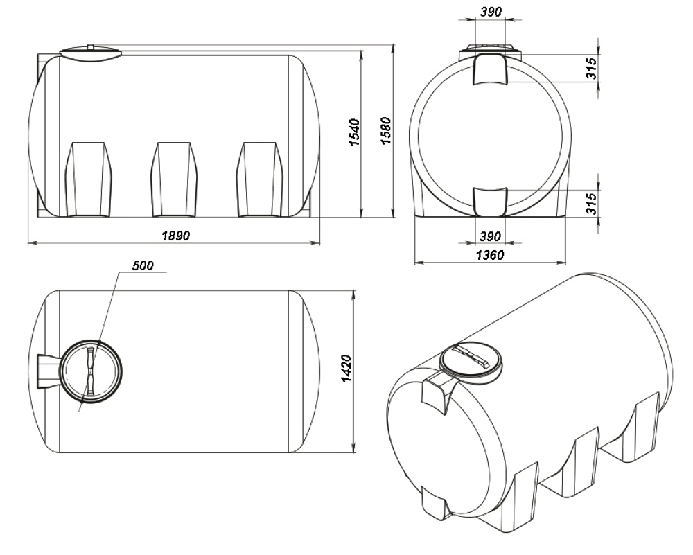 Ёмкость пластиковая пищевая STERH GOR 3000 л. горизонтальная (2-x слойная) (195x136x155см;синий) - арт.555068