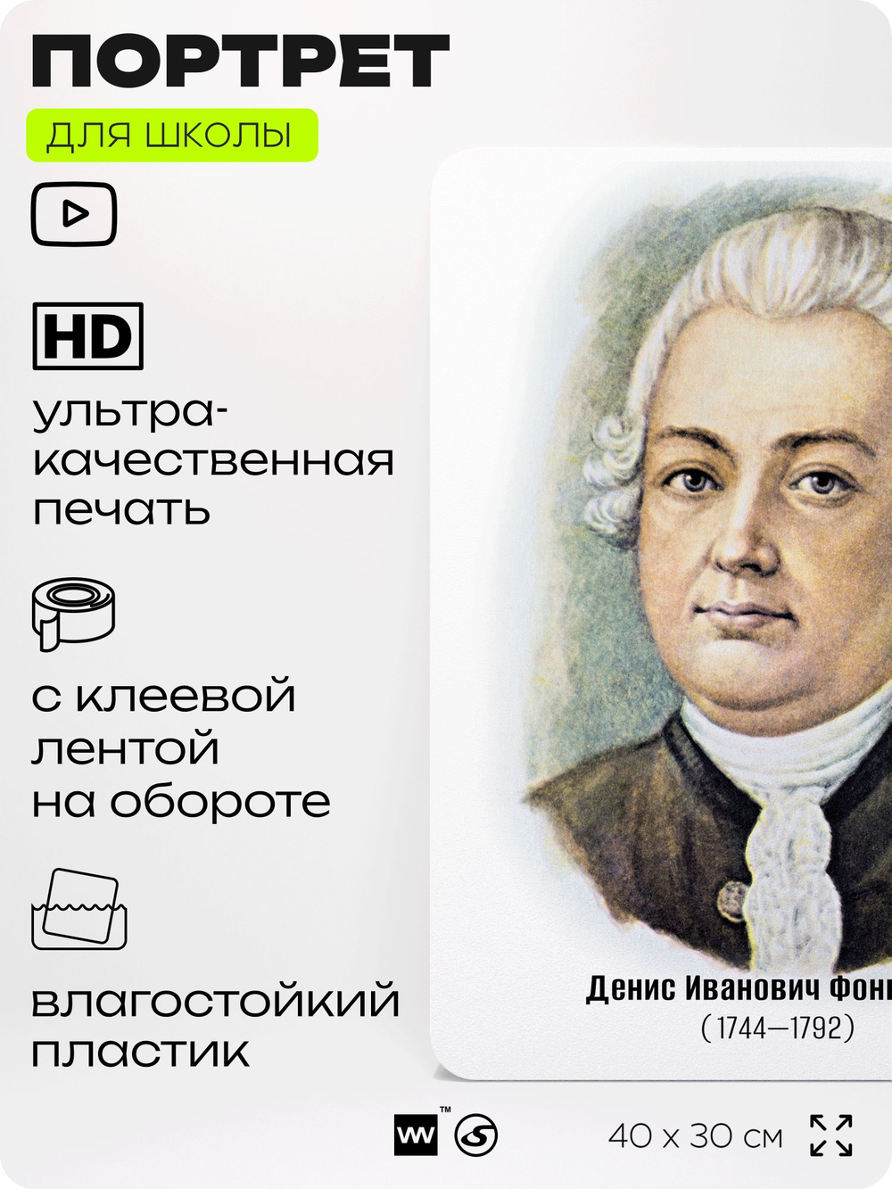 Портрет для школы в кабинет литературы и русского языка "Фонвизин Денис Иванович", стенд школьный для класса, для оформления классного уголка, 40х30 см, Silver Plane x Айдентика Технолоджи