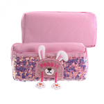 Пенал - косметичка Alingar, ПВХ, пайетки, молния, боковой карман, 90 х 200 мм, "Rabbit", розовый (ушки и лапки)