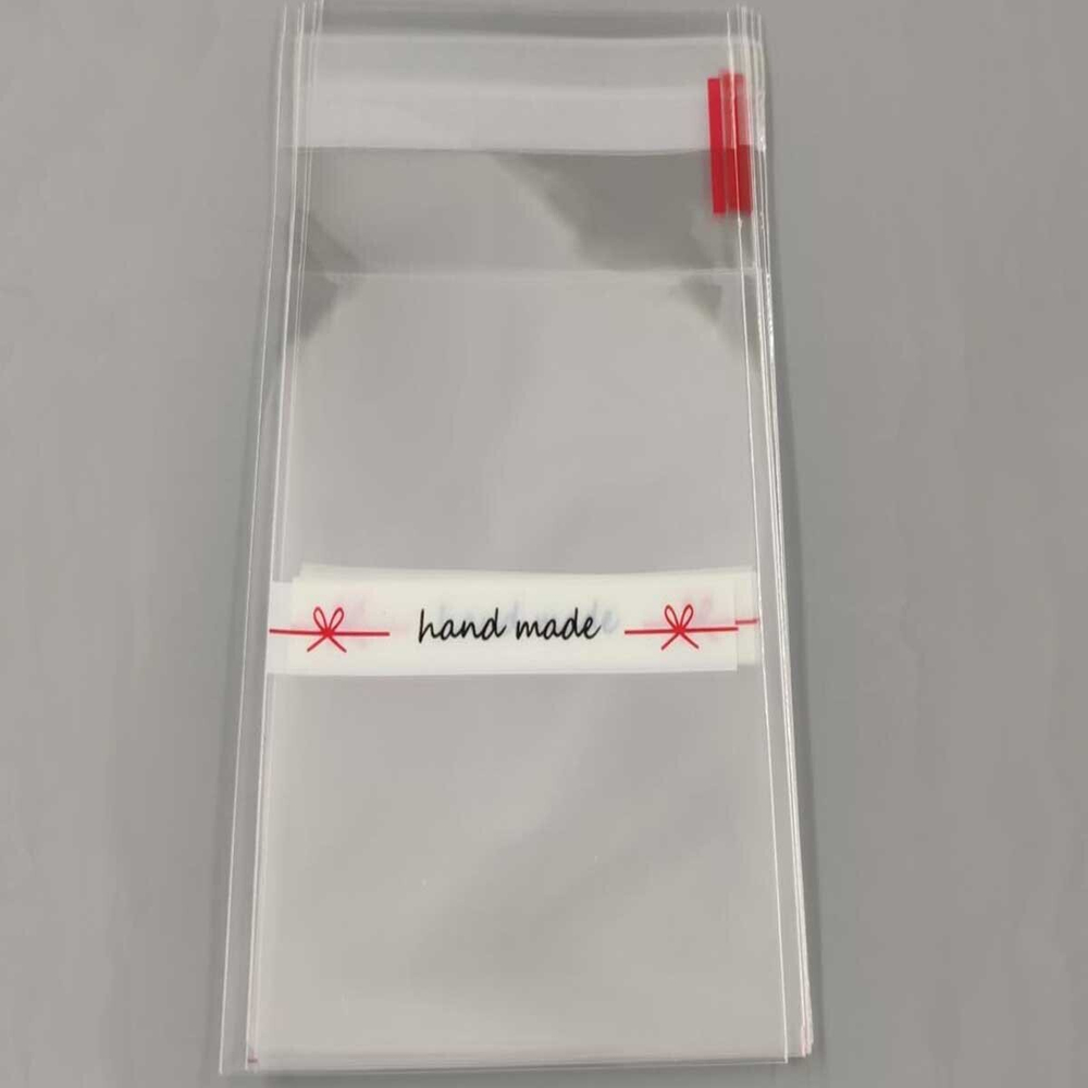 Прозрачные пакетики размером 5х10 см с надписью "Hand made" и клеевым клапаном