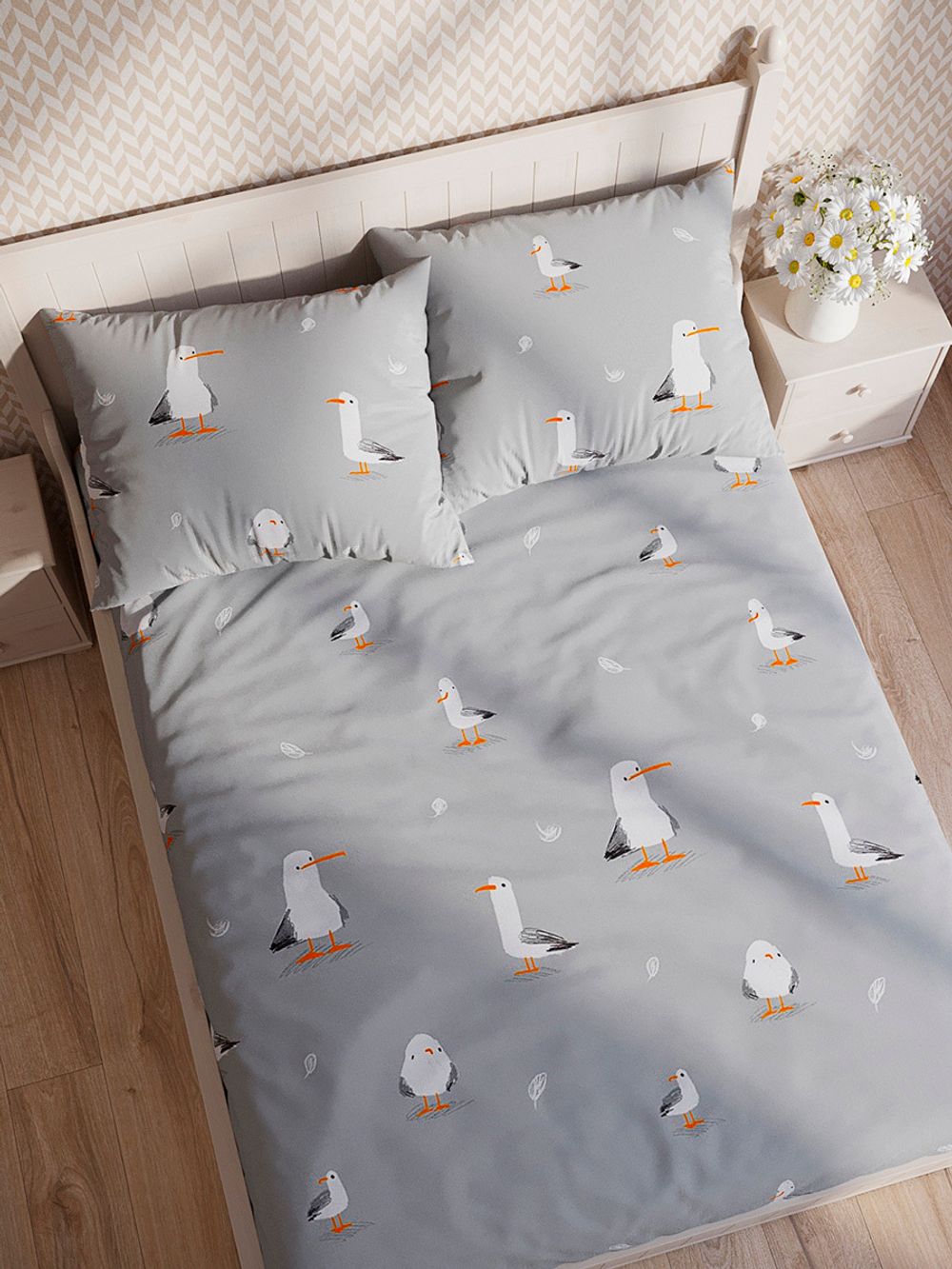 Постельное белье Milky Garden "Seagull" семейное   наволочки 50х70 2шт Простынь на резинке 160х200 см  Пододеяльник 145х215 см(2шт)