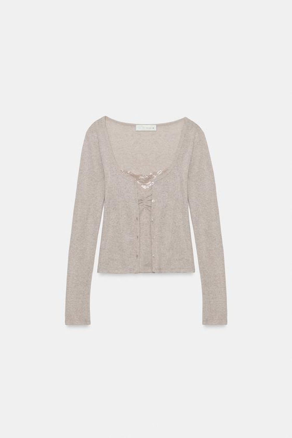 ZARA КАРДИГАН С КОНТРАСТНЫМ КРУЖЕВНЫМ ТОПОМ, ПЕСОЧНЫЙ МЕЛАНЖ