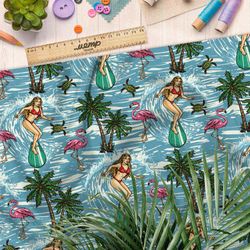 Ткань блэкаут сёрфинг, пальмы, черепахи и фламинго