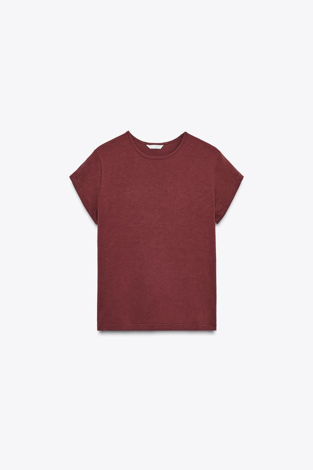 ZARA ФУТБОЛКА В СТИЛЕ РУСТИК С КОРОТКИМИ РУКАВАМИ, ВИННЫЙ