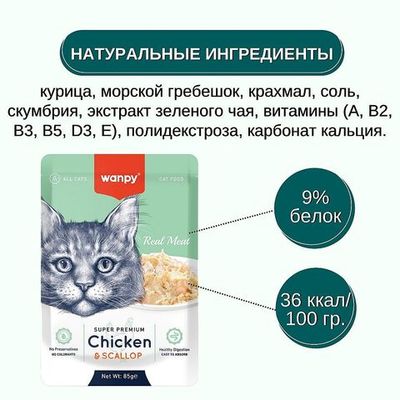 Влажный корм Wanpy Cat для кошек из курицы и гребешка, Пауч 85 г