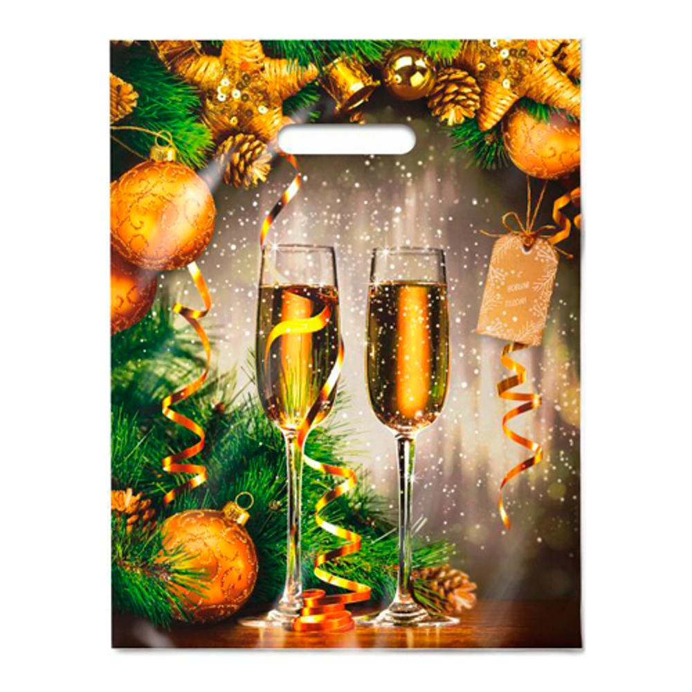 Пакет Новогодний ПЭ " Интерпак " с вырубной ручкой ПВД, 31*40см 60мкм Звон бокалов