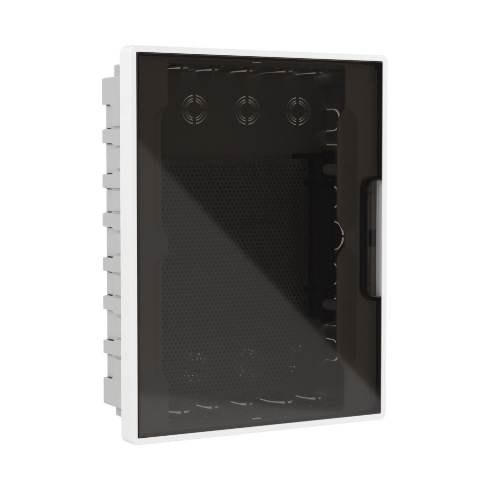 Щиток 24 мод встраиваемый для полых стен слаботочный FRAME, белый, с тонированной дверцей, с монтажной платой, в комплекте с 1 розеткой Viva (арт. 45005) и 1 коробкой PDD (арт. 10033)